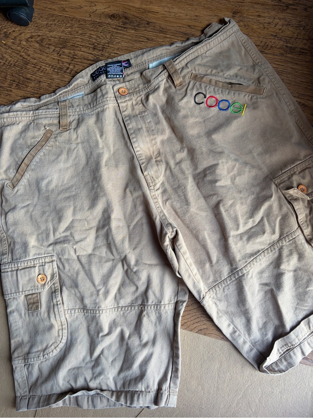 COOGI Tan Cargo Shorts with Multicolor Logo W42